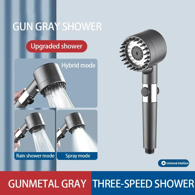 High Pressure Massage Shower Head with Filter and Scalp Brush 3 Mode Water Saving Handheld Spray Gunmetal Grey